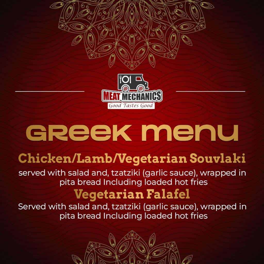 Home Greek menu featuring chicken, lamb, vegetarian souvlaki, and falafel dishes.