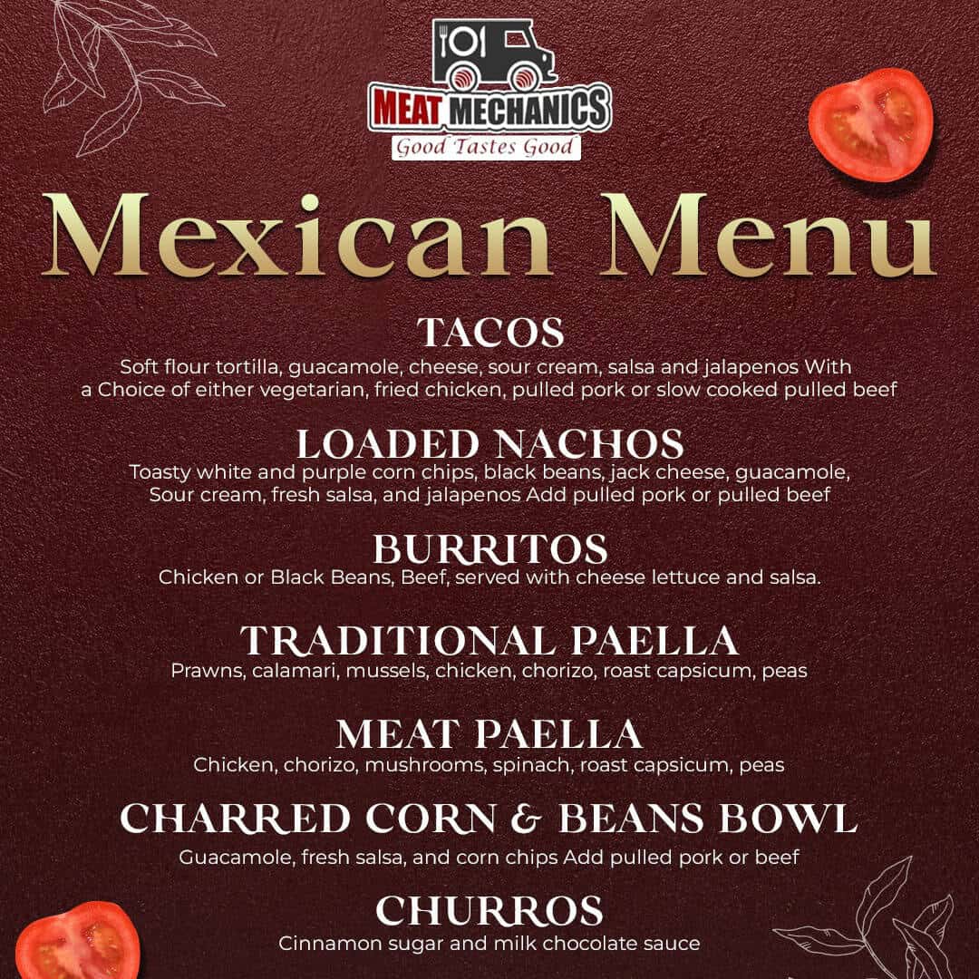 Home Mexican menu featuring tacos, nachos, burritos, and more at Meat Mechanics.