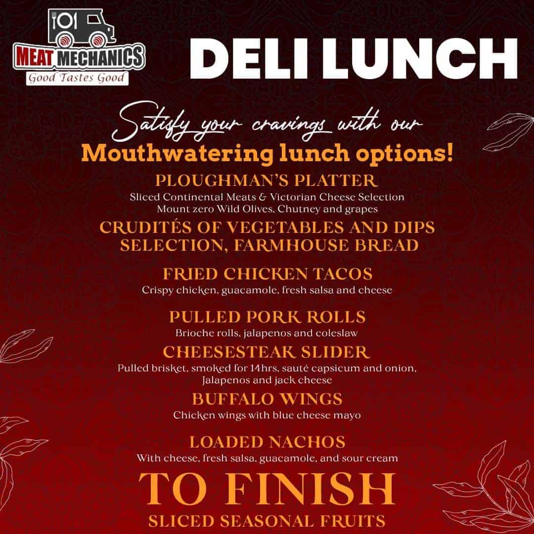 Home Deli lunch menu featuring sandwiches, wings, nachos, and seasonal fruits.