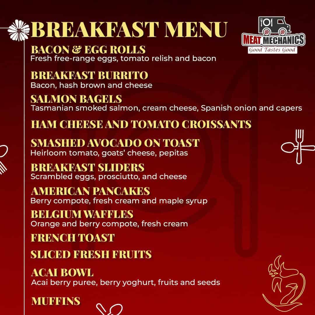 Home Breakfast menu featuring bacon, salmon, ham, and fresh fruit options at Meat Mechanics.