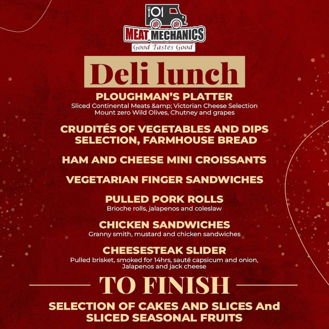 Home Deli lunch menu with various sandwiches, meats, and sides at Meat Mechanics.