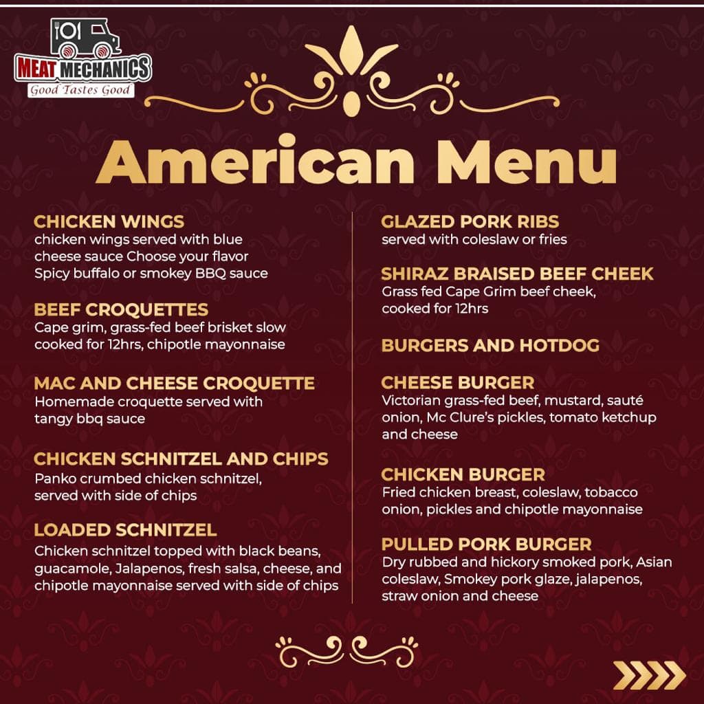 American smoked and grilled beef, chicken, and pork dishes at Meat Mechanics.