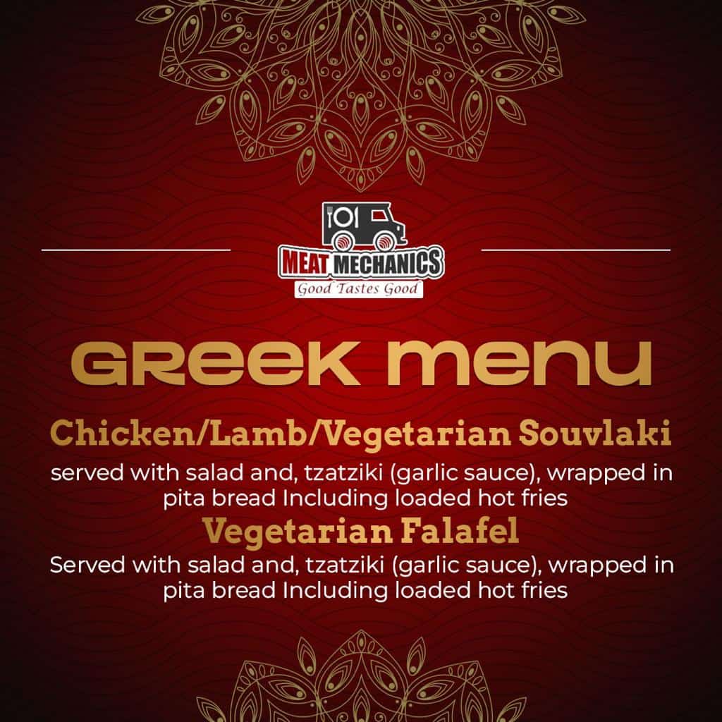 Delicious Greek menu with souvlaki and vegetarian options, served with fresh salad, garlic tzatziki, pita bread, and hot fries.