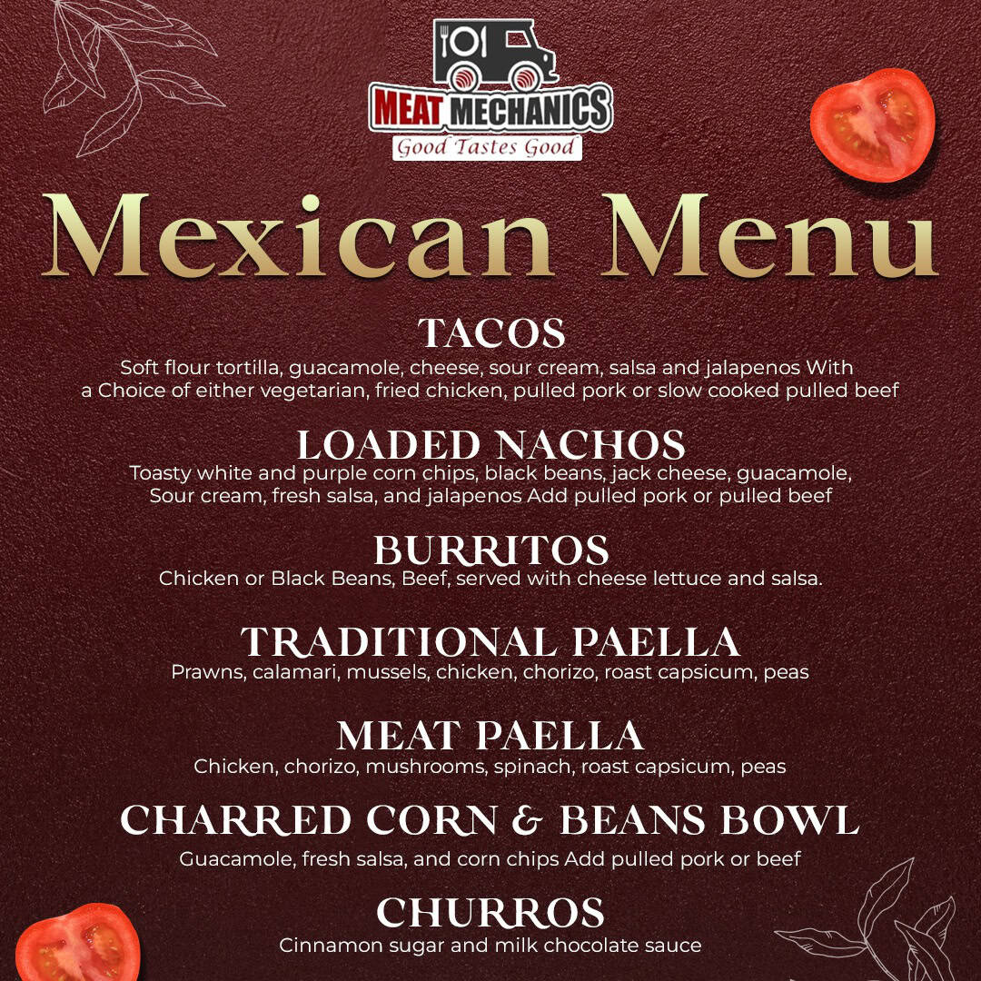 Authentic Mexican tacos with tortillas, guacamole, cheese, and choice of meats at Meat Mechanics.