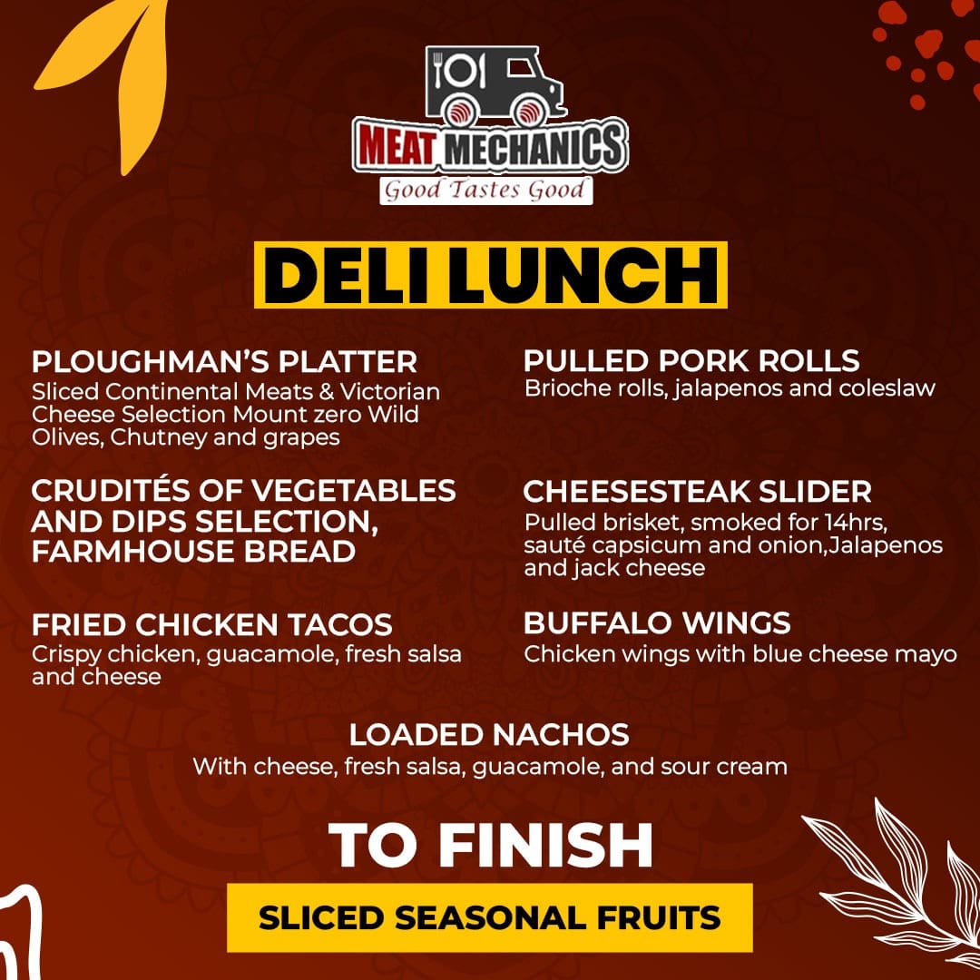 A variety of hearty lunch dishes including meats, dips, and salads at Meat Mechanics.
