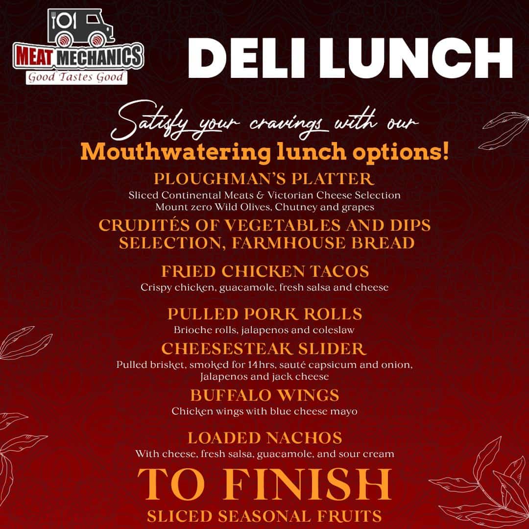Deli lunch menu with a variety of meats, cheeses, and fresh sides at Meat Mechanics.