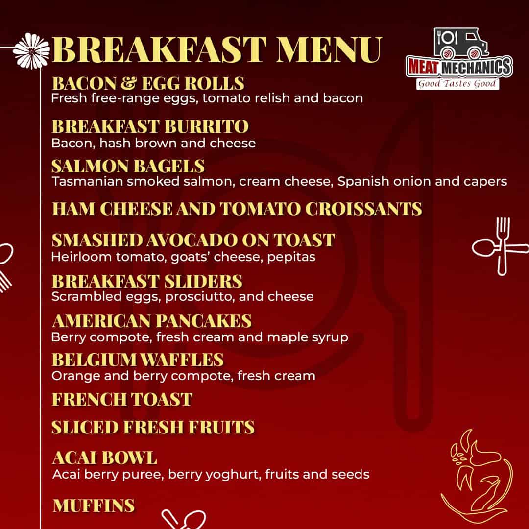 Breakfast menu includes bacon & egg rolls, salmon bagels, ham croissants, and more.